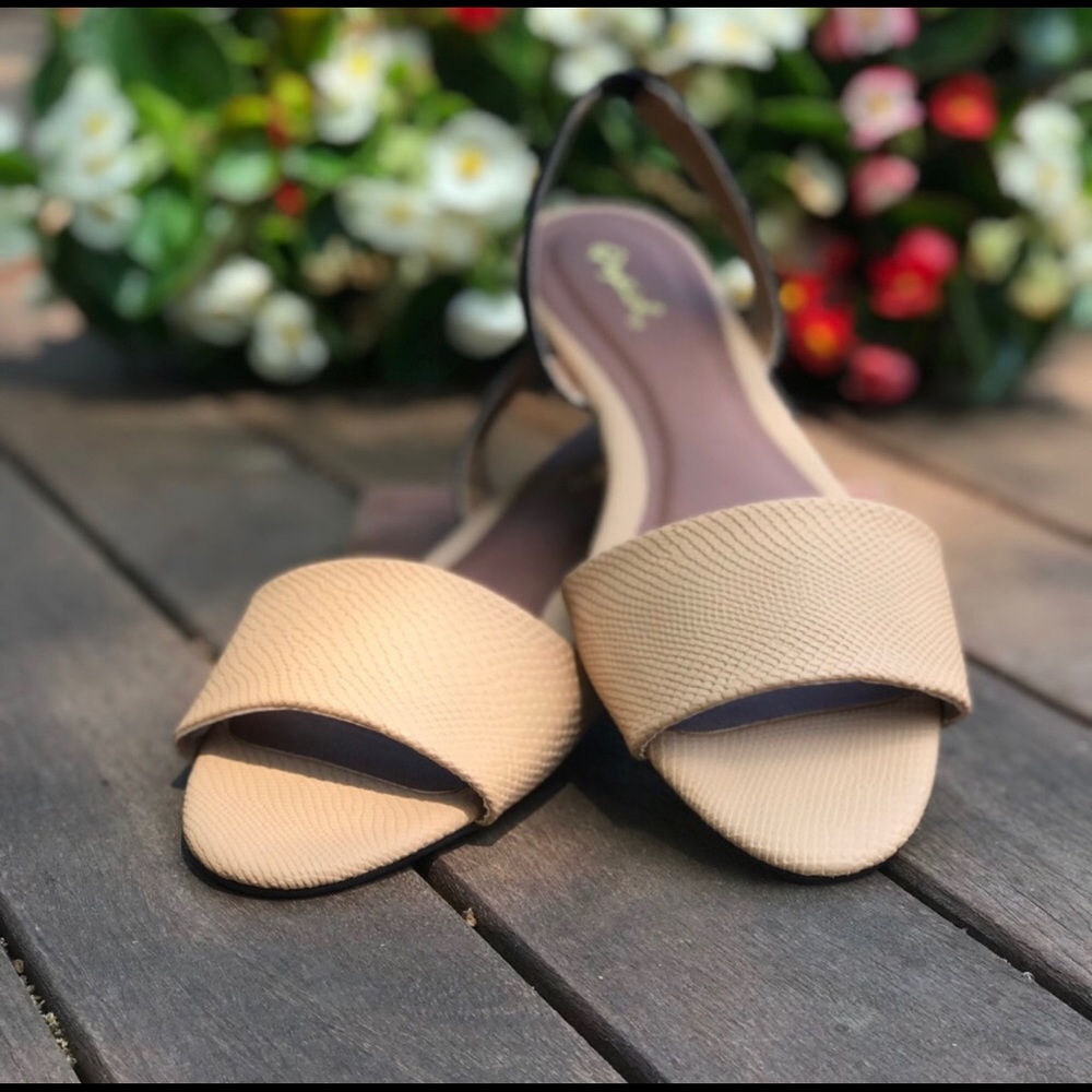 Toffee and Black Sling Back Flat Sandals